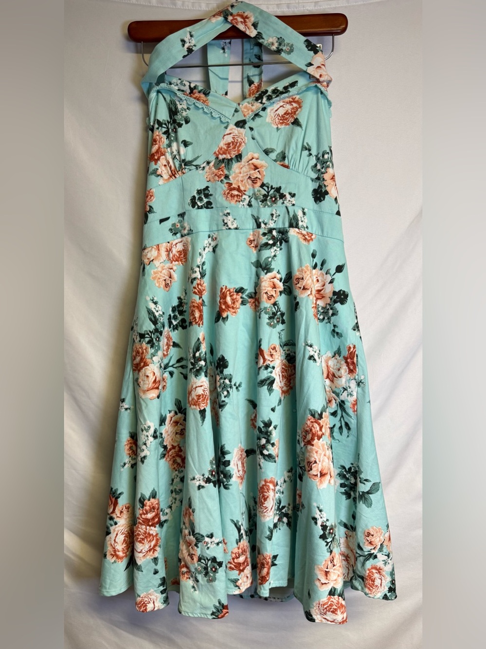 Hot Topic Mint Floral Halter Midi Dress with Peach Roses